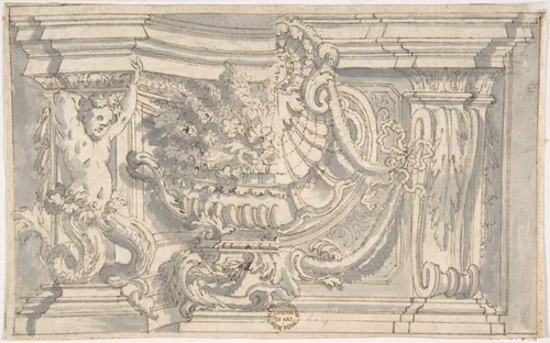 Drawing Showing Two Alternate Designs for an Ornamental Niche or Panel by anonymous, drawing, 1600-1700