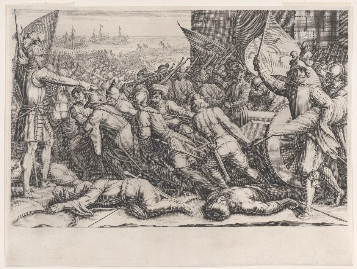 Rembarquement des Troupes (Embarkation of Troops), from La Vie de Ferdinand Ier de Médicis série appelée aussi Les Batailles des Médicis (The Life of Ferdinand I de'Medici also called The Medici Battles) by Jacques Callot, print, 1614-1620