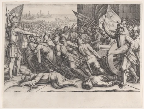 Rembarquement des Troupes (Embarkation of Troops), from La Vie de Ferdinand Ier de Médicis série appelée aussi Les Batailles des Médicis (The Life of Ferdinand I de'Medici also called The Medici Battles) by Jacques Callot, print, 1614-1620