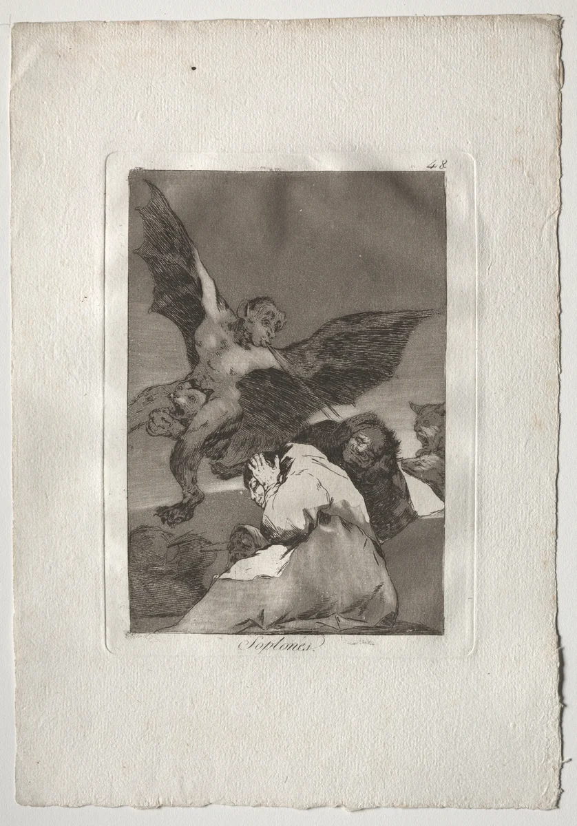 Tale-Bearers - Blasts of Wind, Plate 48 by Francisco de Goya, print, 1799