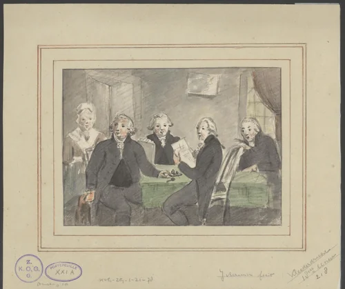 Vier mannen, waarschijnlijk bestuurders aan een tafel by Jean Bernard, drawing, 1775-1833