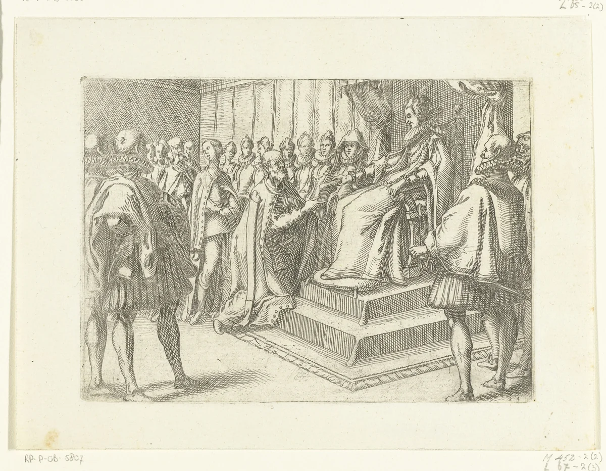 Margaretha van Oostenrijk ontvangt dankbetuigingen van de Poolse koning by Jacques Callot, print, 1612