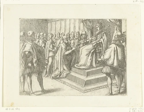 Margaretha van Oostenrijk ontvangt dankbetuigingen van de Poolse koning by Jacques Callot, print, 1612