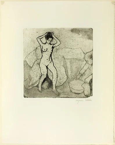 Catherine Prepares the Bath and Louise, Nude, Fixes her Hair by Suzanne Valadon, print, 1895