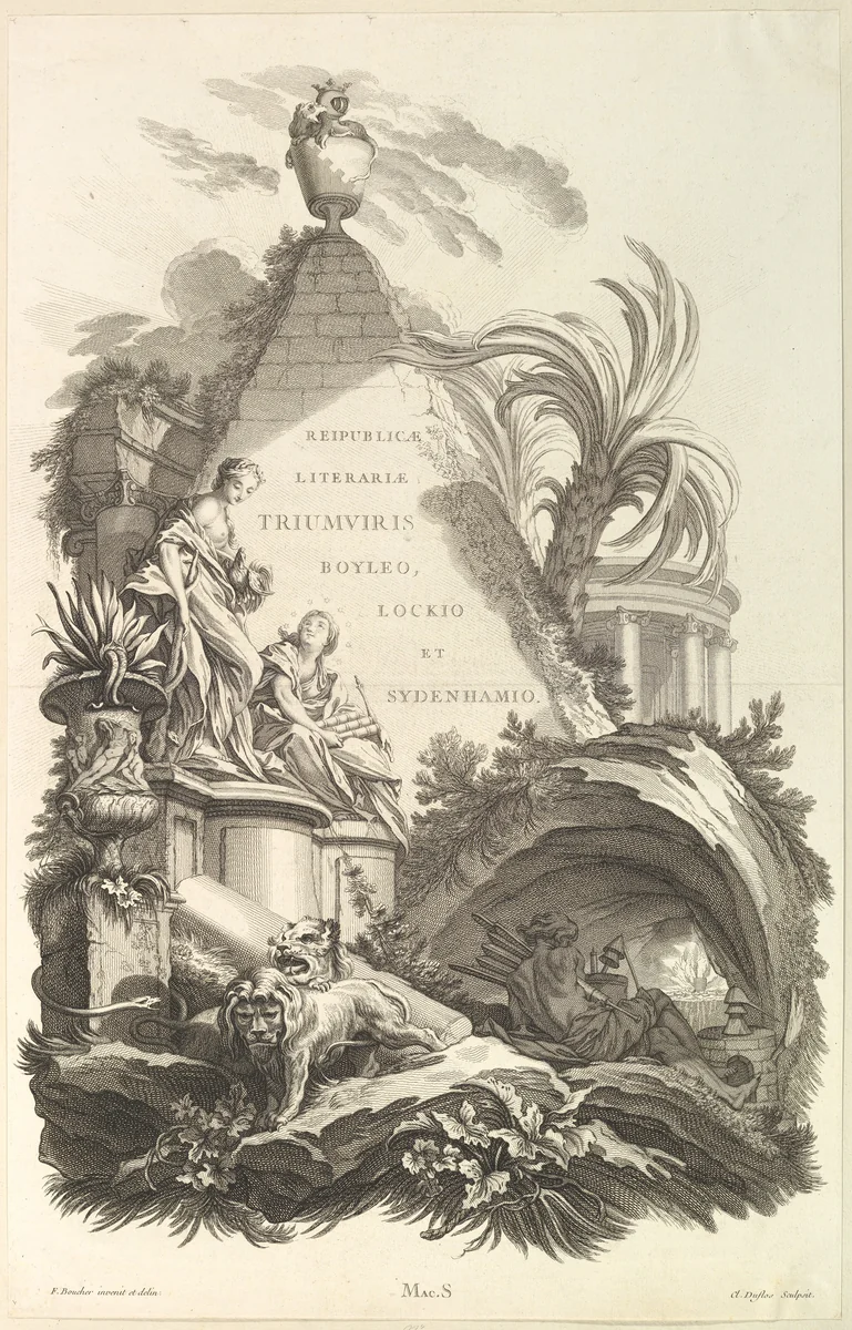 Frontispice pour le "Tombeau de Boyle, Locke, et Sydenham" (Frontispiece for the "Tomb of Boyle, Locke, and Sydenham"), from Tombeaux des Princes, des Grands Capitaines et autres Hommes illustres (Tombs of Princes, Great Captains, and other Illustrious Men) by Claude Augustin Duflos le Jeune, print, 1731-1741