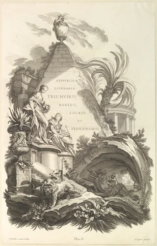 Frontispice pour le "Tombeau de Boyle, Locke, et Sydenham" (Frontispiece for the "Tomb of Boyle, Locke, and Sydenham"), from Tombeaux des Princes, des Grands Capitaines et autres Hommes illustres (Tombs of Princes, Great Captains, and other Illustrious Men) by Claude Augustin Duflos le Jeune, print, 1731-1741