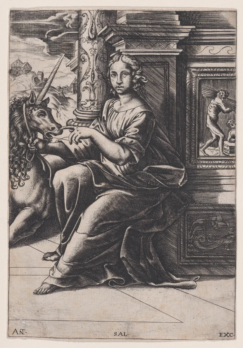 Chastity, a woman seated, a unicorn to her right by Agostino Veneziano, print, 1515-1530