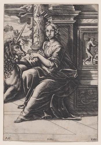 Chastity, a woman seated, a unicorn to her right by Agostino Veneziano, print, 1515-1530