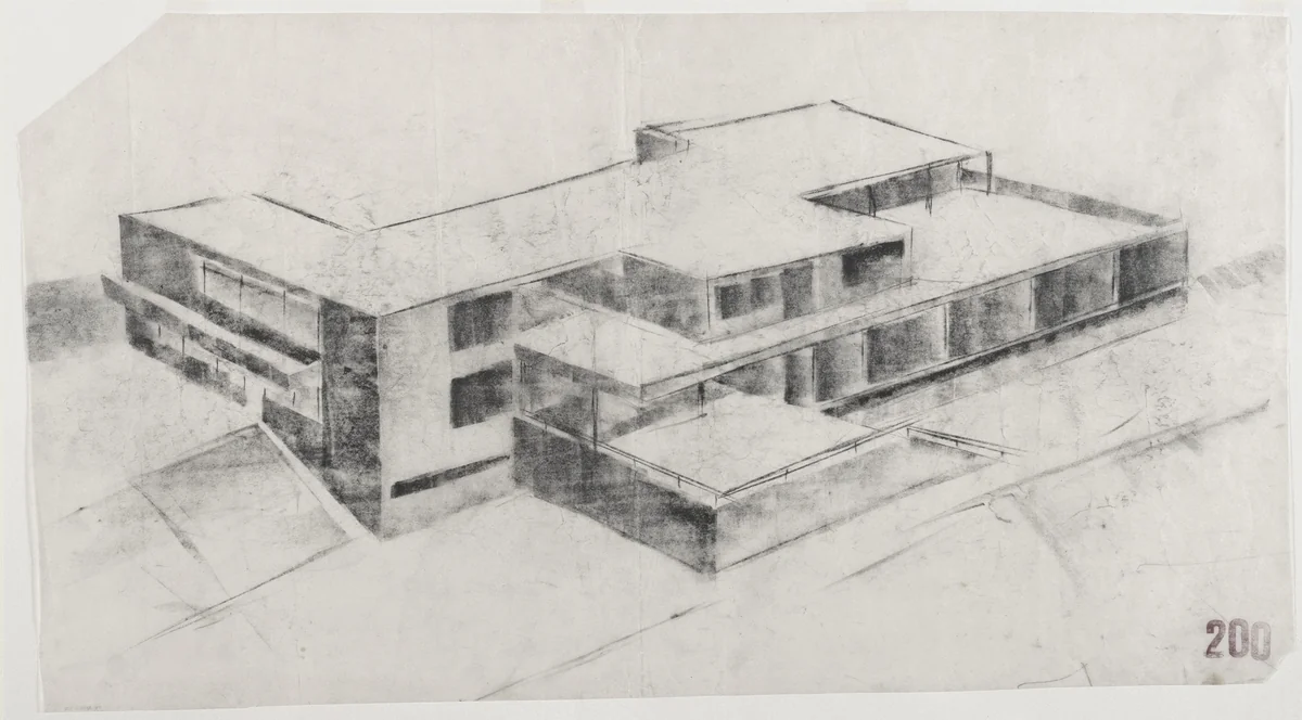 Tugendhat House, Brno, Czech Republic (Aerial perspective from southwest) by Ludwig Mies van der Rohe, mies van der rohe archive, 1928