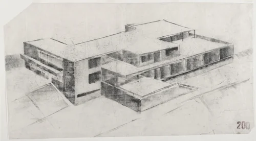 Tugendhat House, Brno, Czech Republic (Aerial perspective from southwest) by Ludwig Mies van der Rohe, mies van der rohe archive, 1928