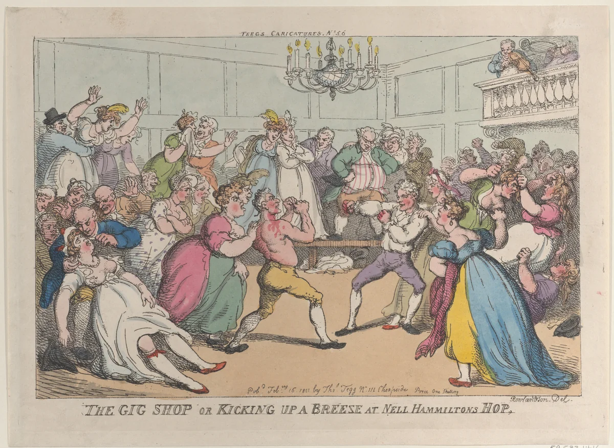 The Gig Shop or Kicking Up a Breeze at Nell Hammiltons Hop by Thomas Rowlandson, print, 1811