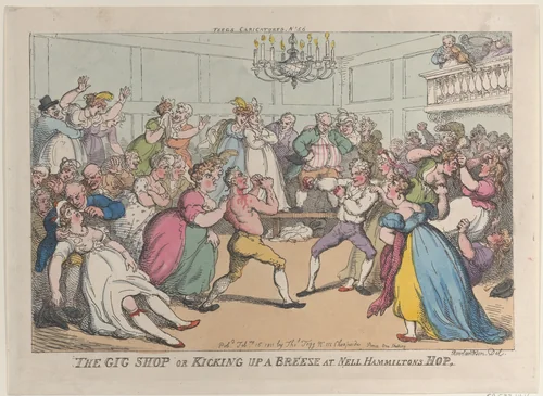 The Gig Shop or Kicking Up a Breeze at Nell Hammiltons Hop by Thomas Rowlandson, print, 1811