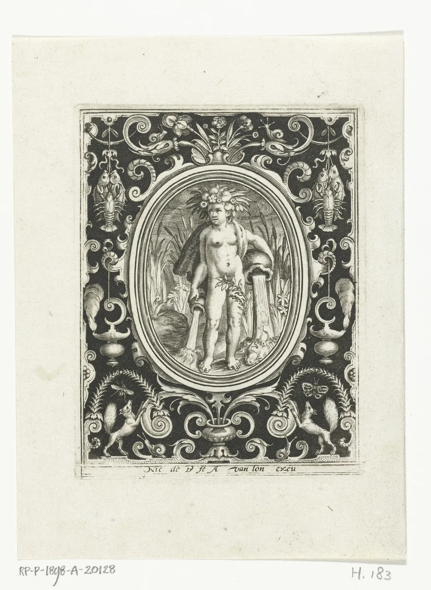 Element water als jonge man met vazen waaruit water stroomt by Unknown, print, 1581-1656