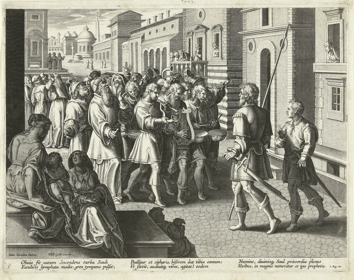 Saul te midden van de profeten by Adriaen Collaert, print, 1587-1591