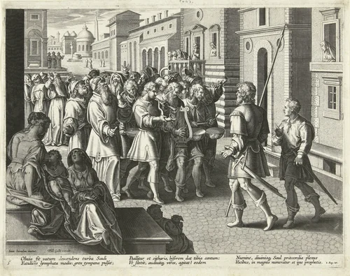 Saul te midden van de profeten by Adriaen Collaert, print, 1587-1591