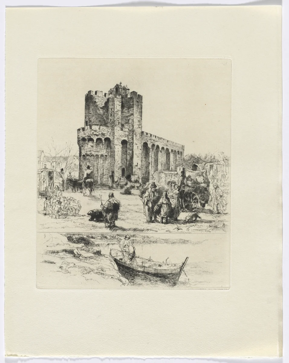 Frédéric Mistral: Mémoires et Recits by Frédéric Mistral: Romanesque church and figures/ man in boat (insert after p. 168) by Auguste Brouet, other, 1937