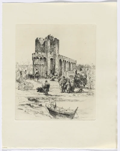 Frédéric Mistral: Mémoires et Recits by Frédéric Mistral: Romanesque church and figures/ man in boat (insert after p. 168) by Auguste Brouet, other, 1937