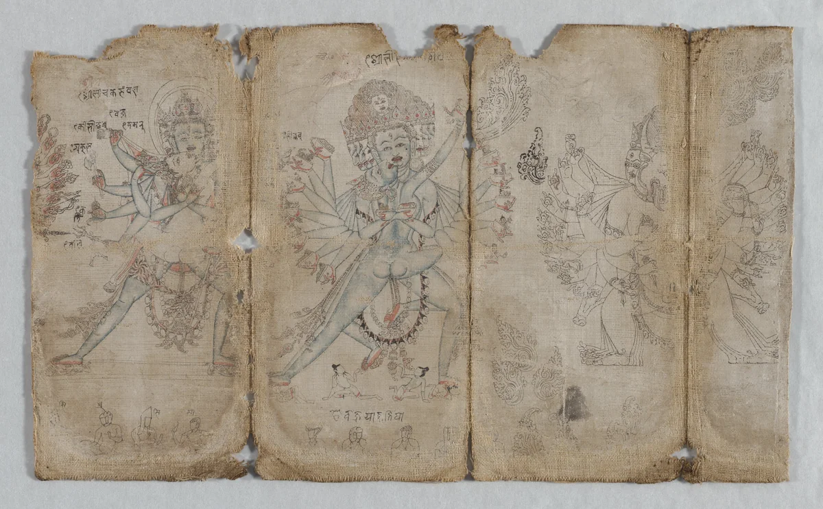 Iconographic Drawings: Chakrashamvara with Vajravarahi, Hevajra with Nairatmya, and Yamantaka (verso) by Unknown, drawing, 1495-1505
