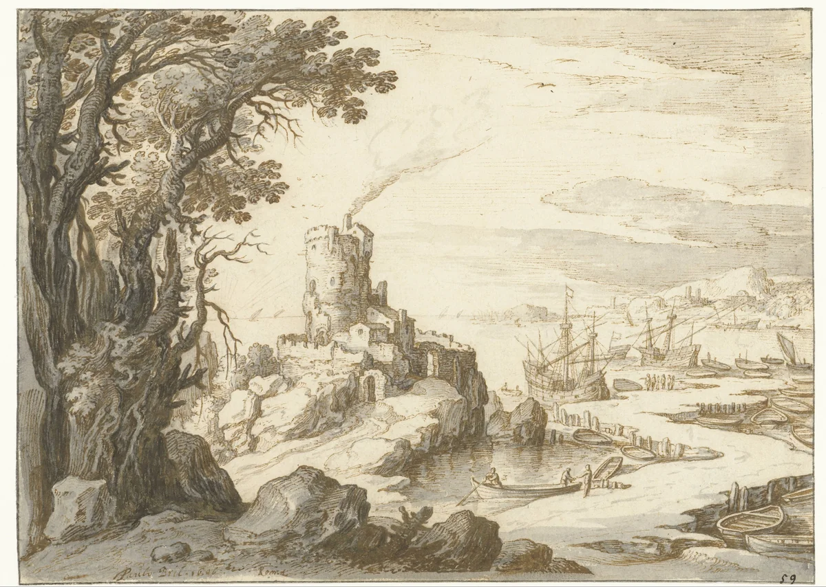 Gezicht op een kust met een donjon of vuurtoren by Paul Bril, drawing, 1564-1626