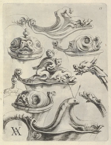 Plate 13, from "Modelli Artificiosi di Vasi diversi d'argento et altre Opere capriciozi (...), Parte prima" by Theodor van Kessel, book, 1646-1652