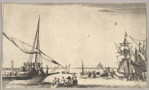 A galley arriving at port to left, several rowboats in center, ships at port to right, from "Set of eight nautical landscapes" (Suite de huit Marines) by Stefano della Bella, print, 1639