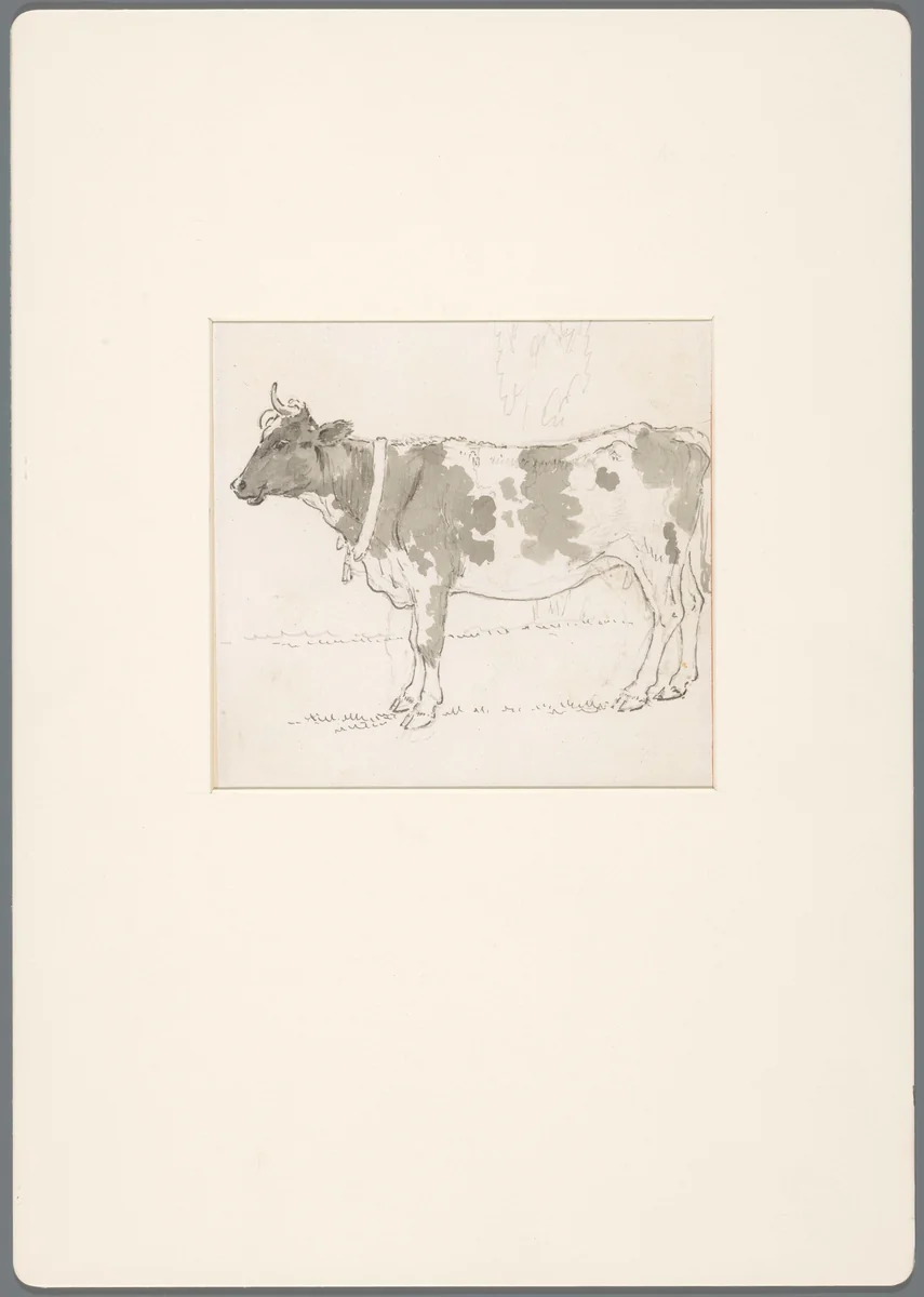 Staande koe, met een klok om de hals by David de Sandoz-Rollin, drawing, 1750-1809