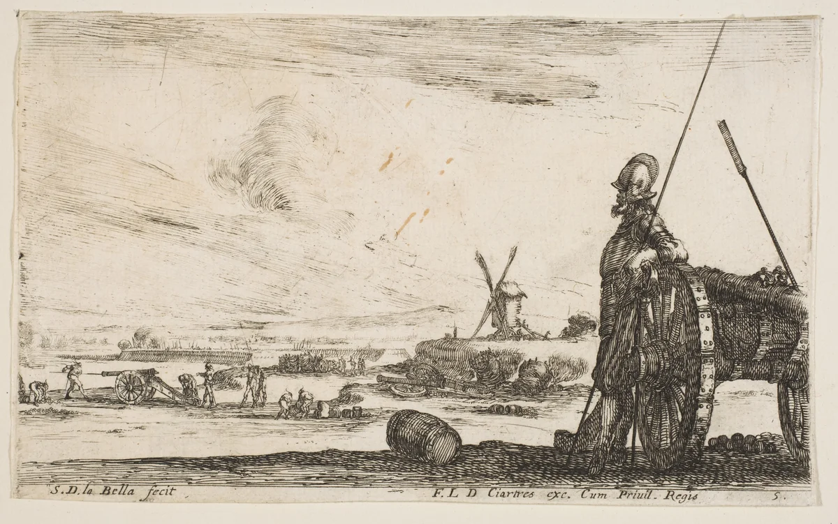 A Pikeman standing at right next to a canon, other military figures in the background, plate 5 from "Various Military Caprices" (Varii capricci militari) by Stefano della Bella, print, 1636-1646