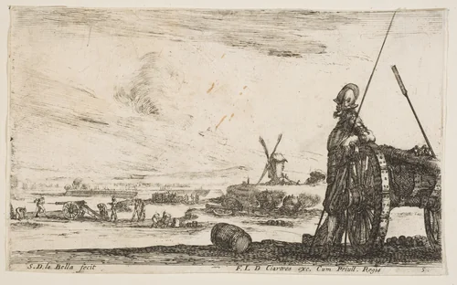 A Pikeman standing at right next to a canon, other military figures in the background, plate 5 from "Various Military Caprices" (Varii capricci militari) by Stefano della Bella, print, 1636-1646