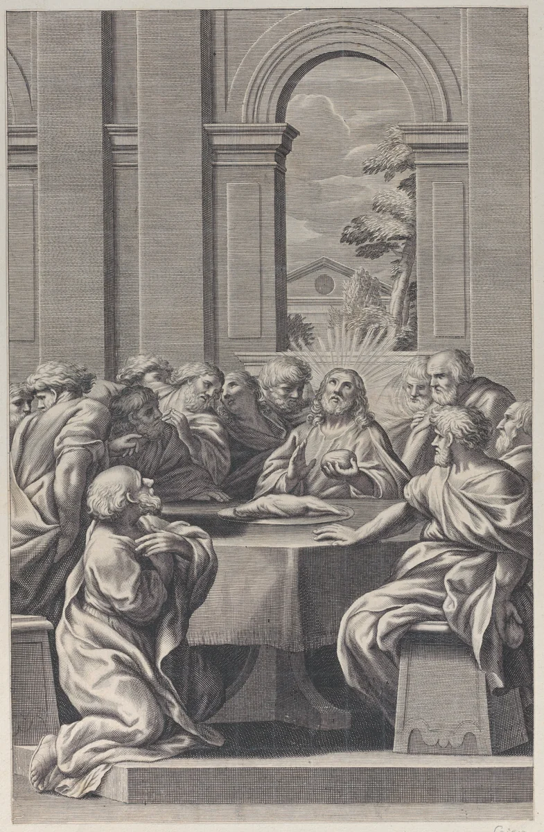 The Last Supper, the interior of a classical building with Christ and his apostles seated at a table by François Spierre, print, 1660-1681