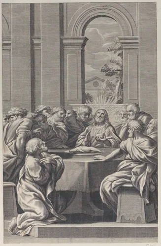 The Last Supper, the interior of a classical building with Christ and his apostles seated at a table by François Spierre, print, 1660-1681