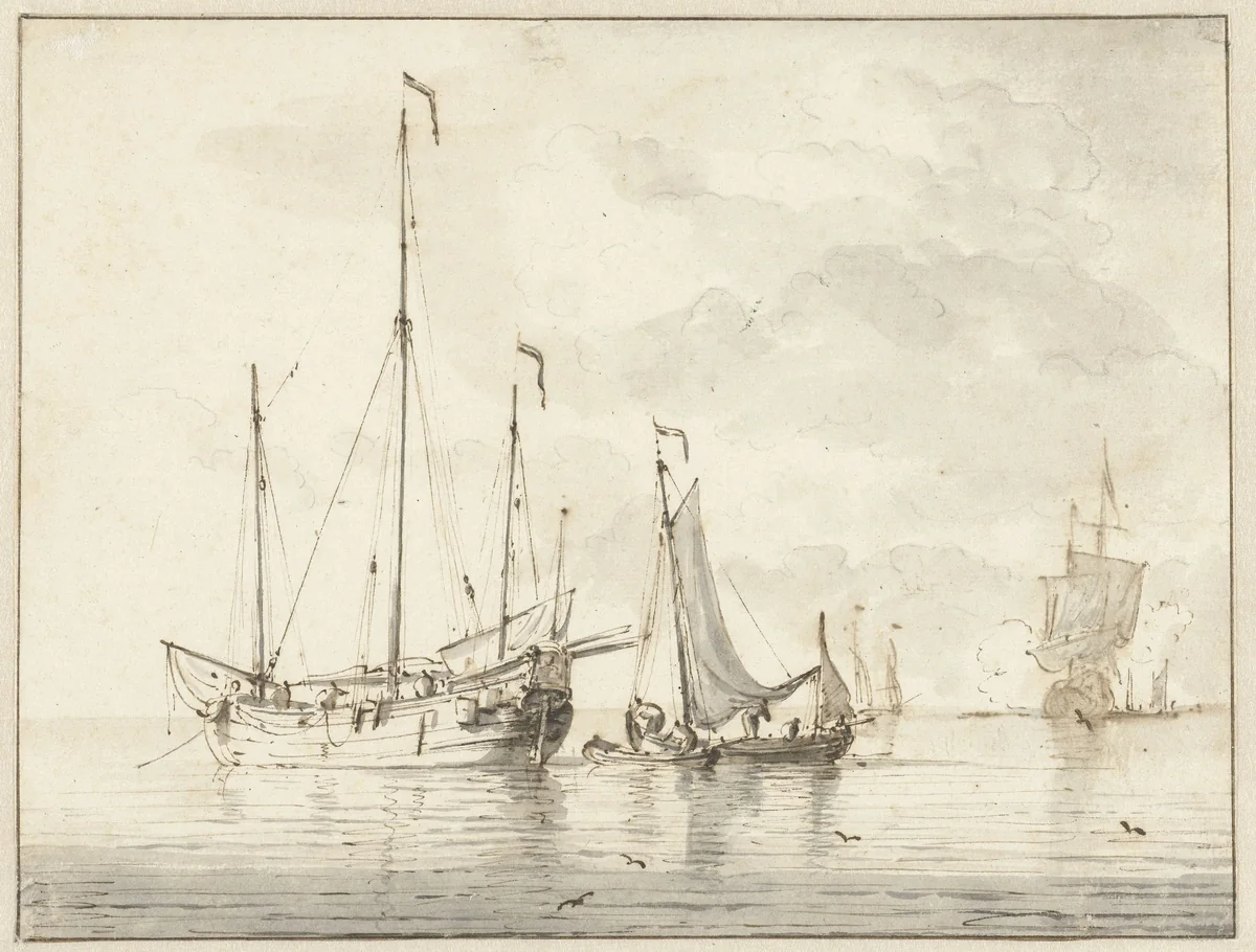 Enkele schepen in stil water by Willem van de Velde, drawing, 1643-1707