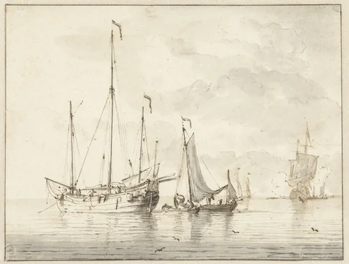 Enkele schepen in stil water by Willem van de Velde, drawing, 1643-1707