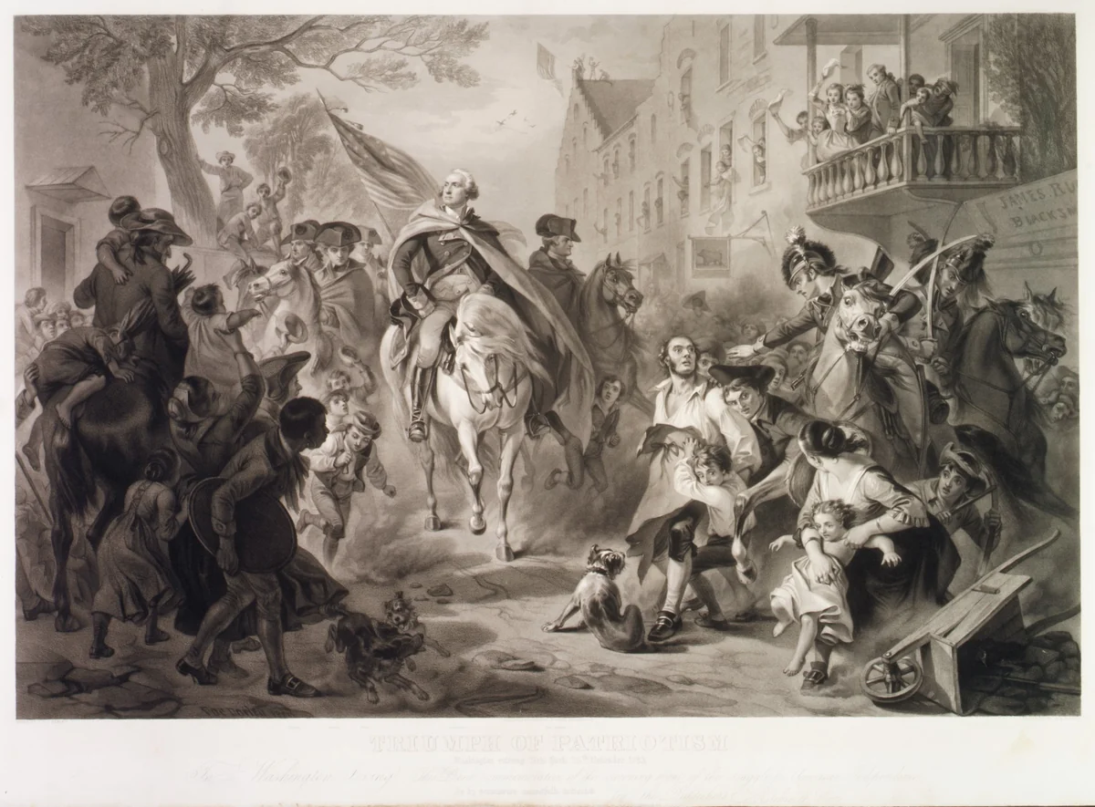 Triumph of Patriotism, Washington Entering New York, 25 November 1783 by Alexander Hay Ritchie, print, 1853
