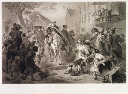 Triumph of Patriotism, Washington Entering New York, 25 November 1783 by Alexander Hay Ritchie, print, 1853