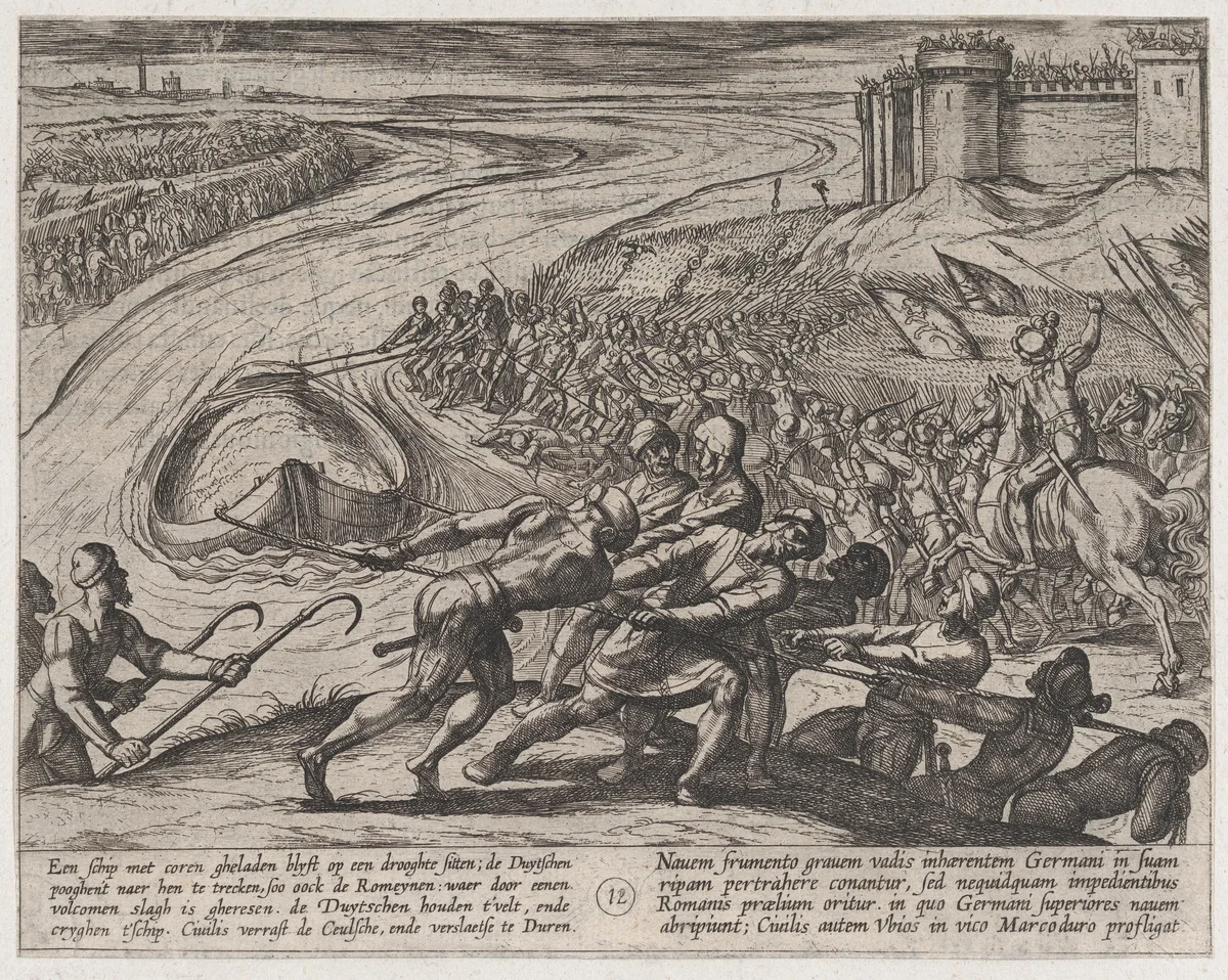 Plate 12: Pulling a Vessel Loaded with Grain to Shore, from The War of the Romans Against the Batavians (Romanorvm et Batavorvm societas) by Antonio Tempesta, print, 1611-1612