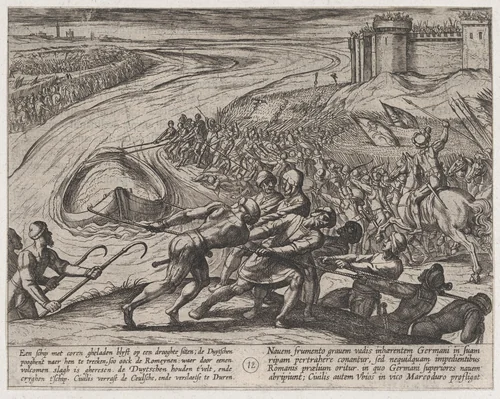 Plate 12: Pulling a Vessel Loaded with Grain to Shore, from The War of the Romans Against the Batavians (Romanorvm et Batavorvm societas) by Antonio Tempesta, print, 1611-1612