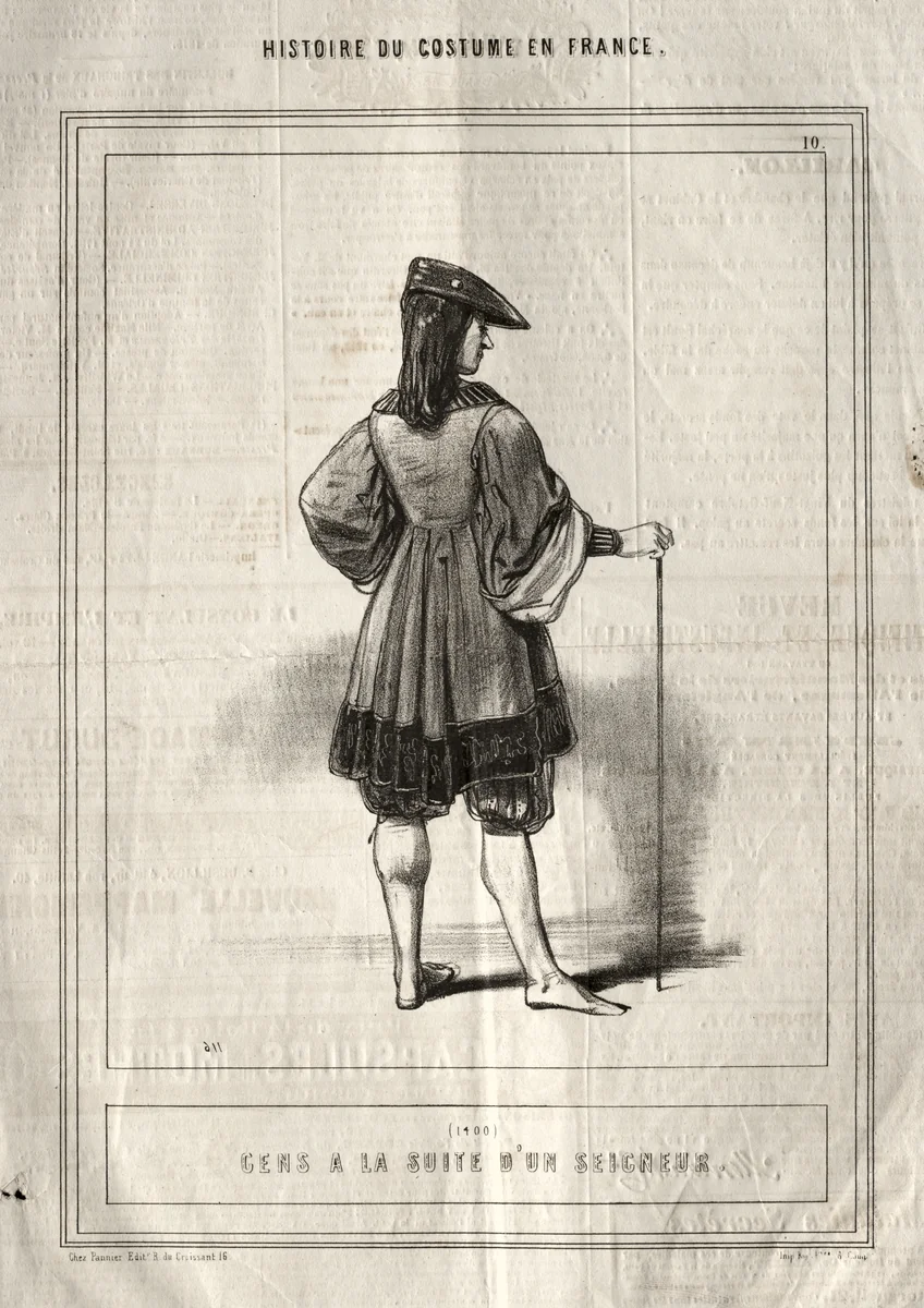 Histoire du Costume en France: Gens à la suite d'un seigneur by Paul Gavarni, print, 1843