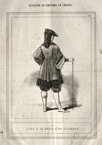 Histoire du Costume en France: Gens à la suite d'un seigneur by Paul Gavarni, print, 1843