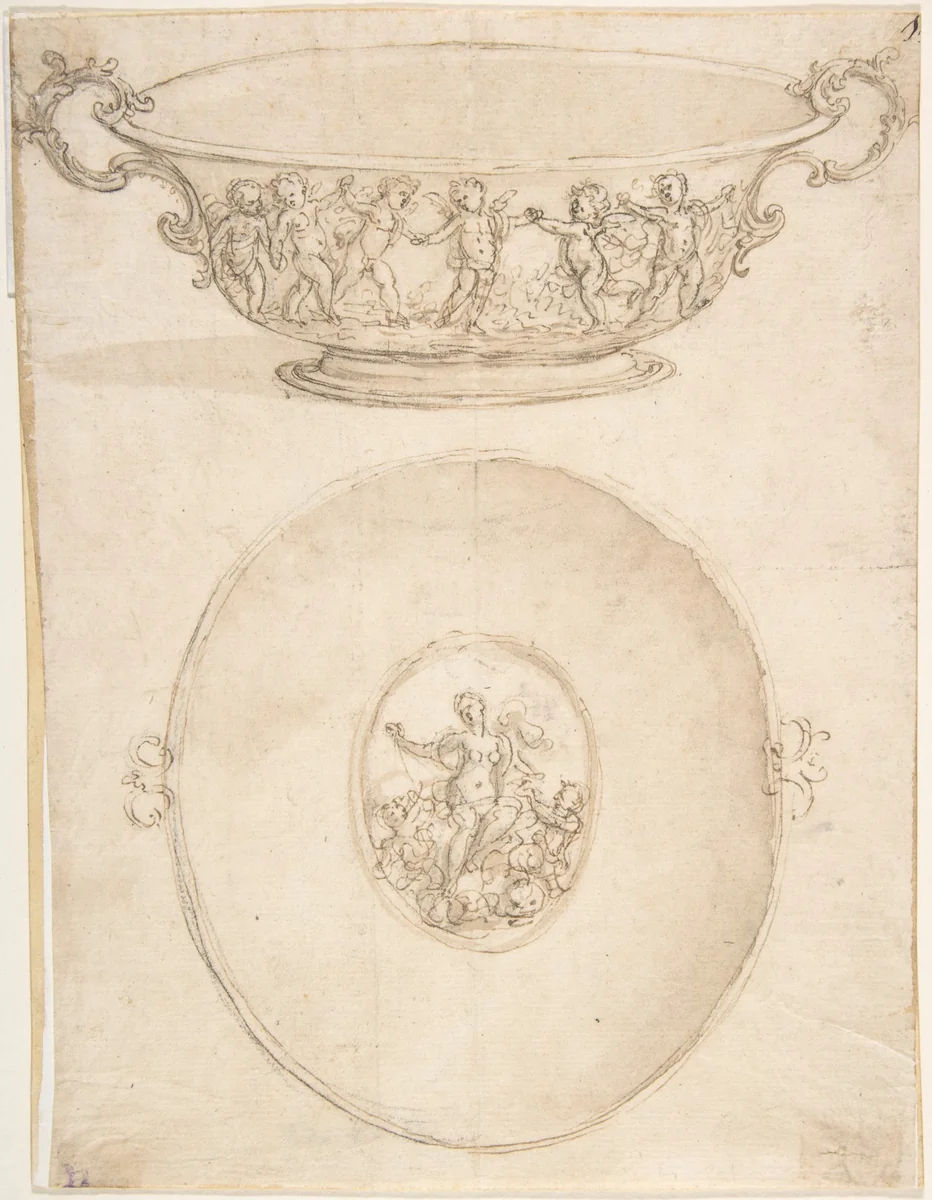 Two Views of a Design for a Shallow (Drinking?) Bowl wih Handles by Giovanni Battista Foggini, drawing, 1652-1725