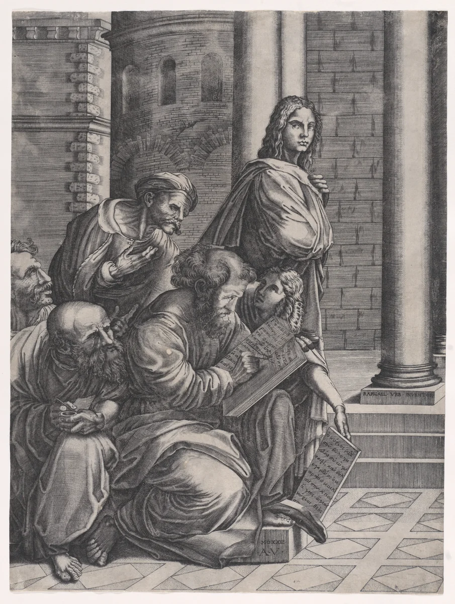 The Group, from Raphael's "School of Athens" by Agostino Veneziano, print, 1518-1528