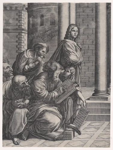 The Group, from Raphael's "School of Athens" by Agostino Veneziano, print, 1518-1528