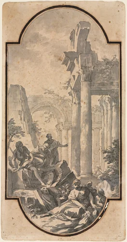 Figures Near the Ruins of a Corinthian Temple (recto) by Andrea Locatelli, drawing, 1700-1741