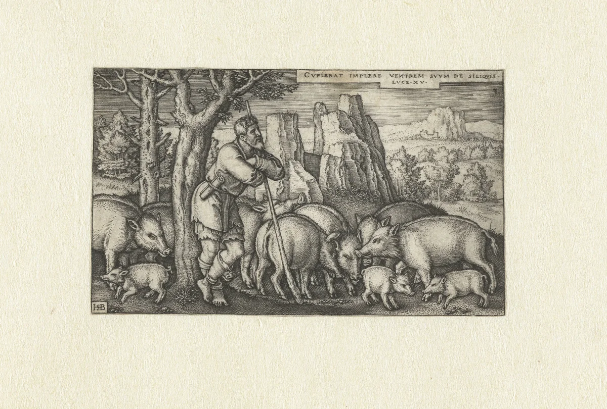 Verloren zoon als varkenshoeder by Unknown, print, 1540