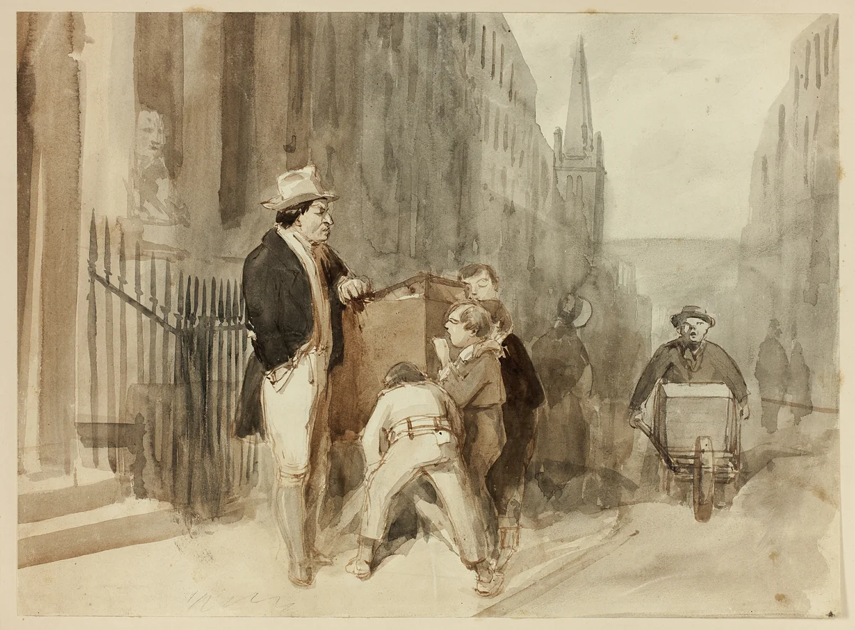 Boys at Peepshow in Street by Clarkson Stanfield, drawing, 1813-1867