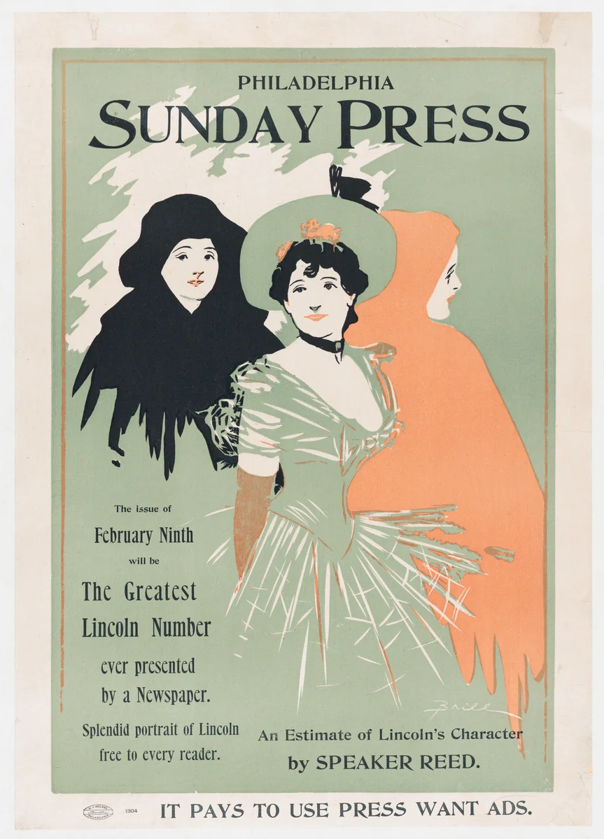 Advertisement for Philadelphia Sunday Press, February 9, 1896 by George Reiter Brill, print, 1891-1901