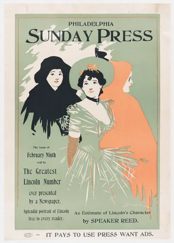 Advertisement for Philadelphia Sunday Press, February 9, 1896 by George Reiter Brill, print, 1891-1901