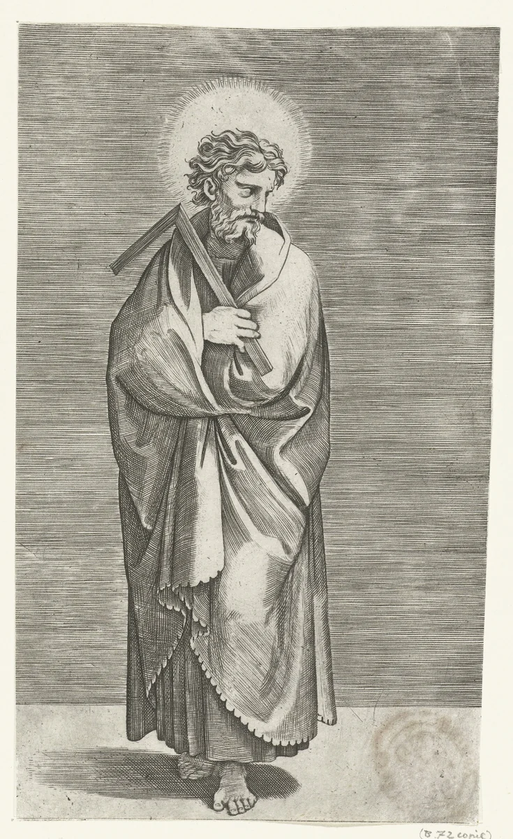 Apostel Tomas met winkelhaak by Marco Dente, print, 1517-1527