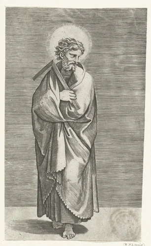 Apostel Tomas met winkelhaak by Marco Dente, print, 1517-1527