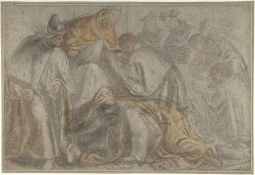 The Emperor Frederick Barbarossa Submitting to Pope Alexander III in the Presence of a Doge by Pietro Malombra, drawing, 1556-1618