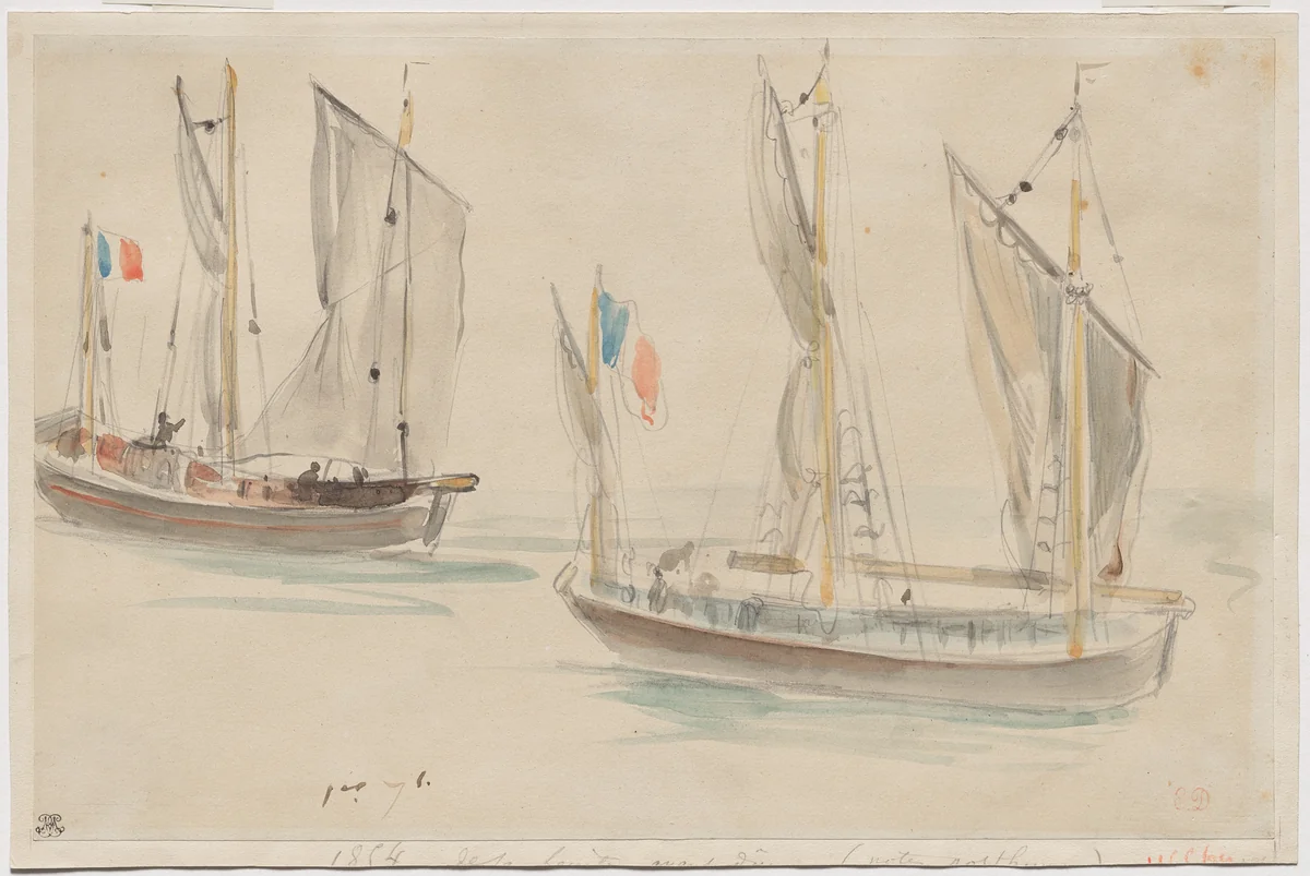 Two Boats at the Harbor of Dieppe by Eugène Delacroix, drawing, 1854